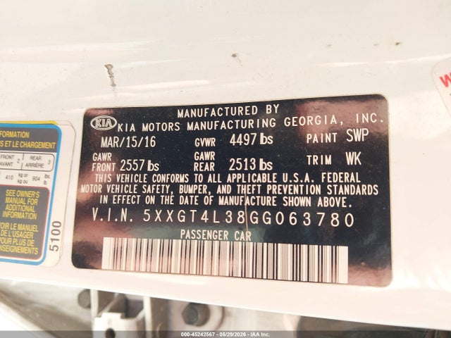 5XXGT4L38GG063780 KIA Optima Lx