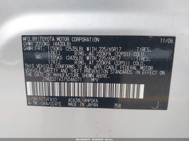 Aukcja sprzedaży 2007 Toyota Rav4 Limited, vin: JTMZD31V375046071, numer aukcji: 45242575