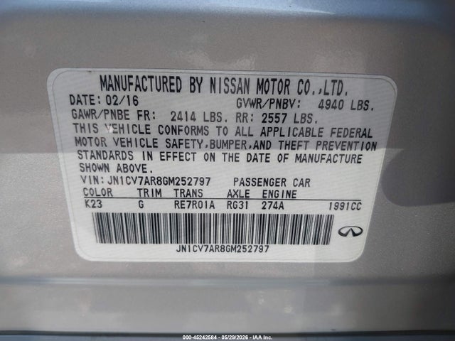Продажа на аукционе авто 2016 Infiniti Q50 2.0t Base/2.0t Premium, vin: JN1CV7AR8GM252797, номер лота: 45242584
