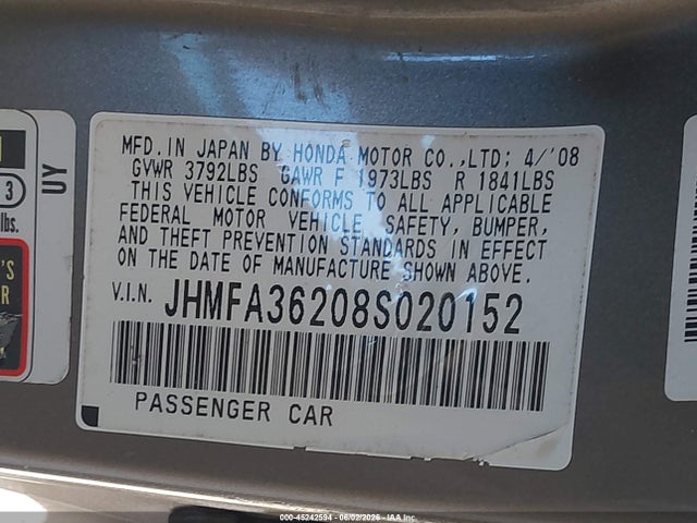 45242594 :رقم المزاد ، JHMFA36208S020152 vin ، 2008 Honda Civic Hybrid مزاد بيع