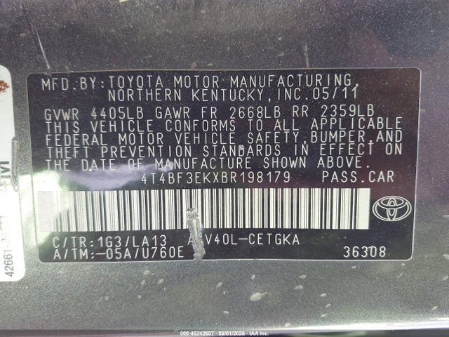 Aukcja sprzedaży 2011 Toyota Camry Xle, vin: 4T4BF3EKXBR198179, numer aukcji: 45242607