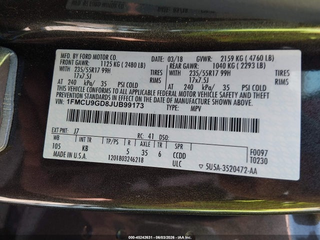 Продажа на аукционе авто 2018 Ford Escape Se, vin: 1FMCU9GD8JUB99173, номер лота: 45242631