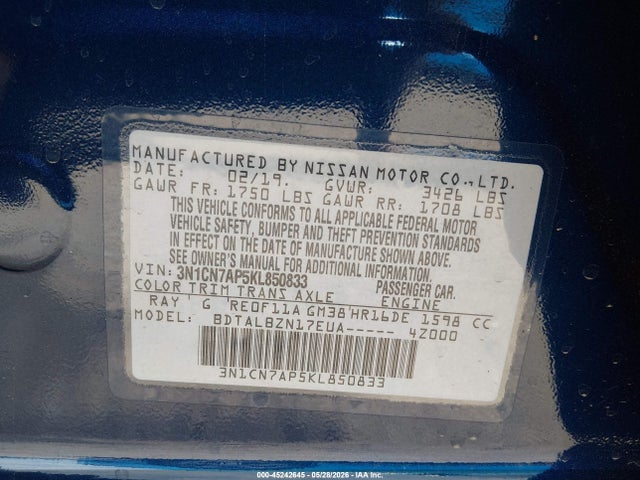 Aukcja sprzedaży 2019 Nissan Versa 1.6 Sv, vin: 3N1CN7AP5KL850833, numer aukcji: 45242645