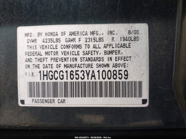 45242673 :رقم المزاد ، 1HGCG1653YA100859 vin ، 2000 Honda Accord 3.0 Ex مزاد بيع
