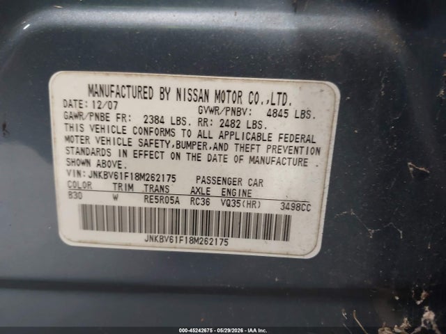 Aukcja sprzedaży 2008 Infiniti G35x, vin: JNKBV61F18M262175, numer aukcji: 45242675