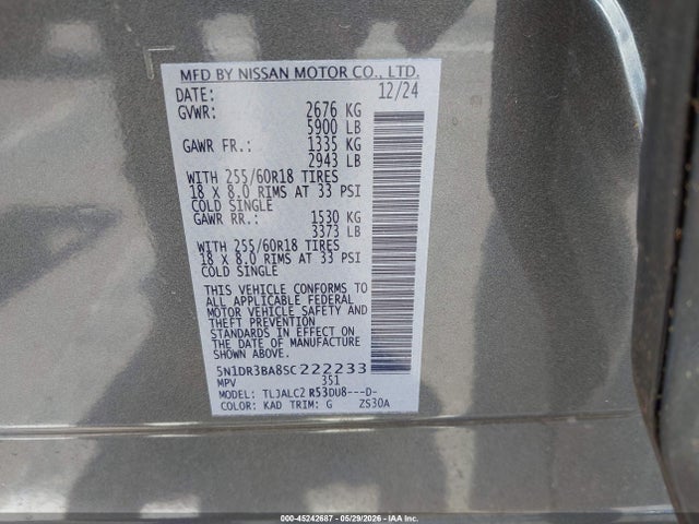Продаж на аукціоні авто 2025 Nissan Pathfinder Sv Fwd, vin: 5N1DR3BA8SC222233, номер лоту: 45242687