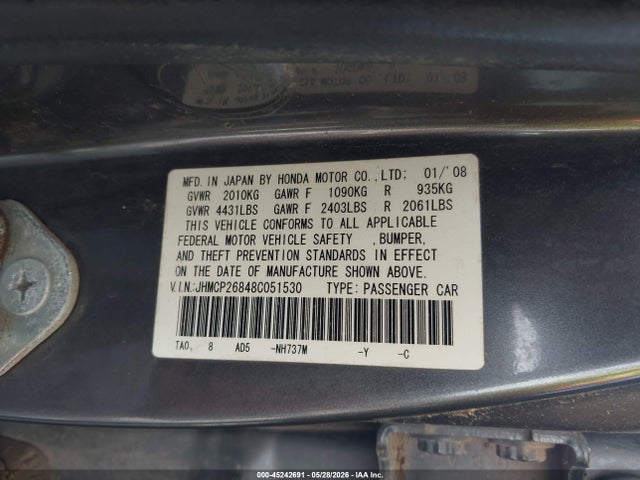 2008 Honda Accord 2.4 Ex-l მანქანა იყიდება აუქციონზე, vin: JHMCP26848C051530, აუქციონის ნომერი: 45242691