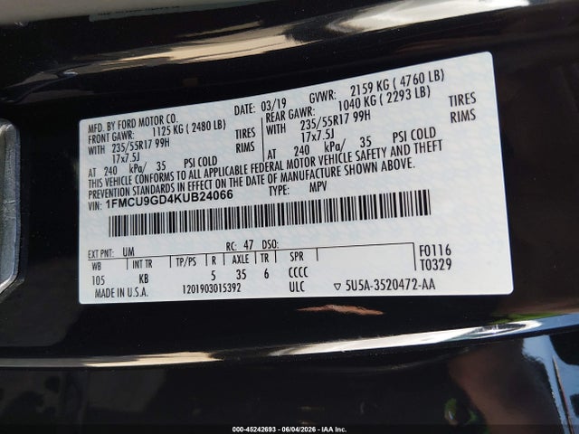 Продажа на аукционе авто 2019 Ford Escape Se, vin: 1FMCU9GD4KUB24066, номер лота: 45242693