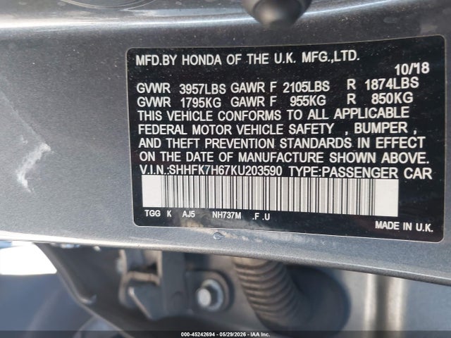 Honda CIVIC EX 2019 SHHFK7H67KU203590 Image 9