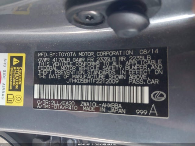 JTHKD5BH1F2212009 Lexus CT 200H