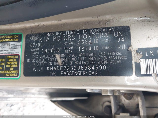 45242725 :رقم المزاد ، KNADE223296584690 vin ، 2009 Kia Rio Lx مزاد بيع