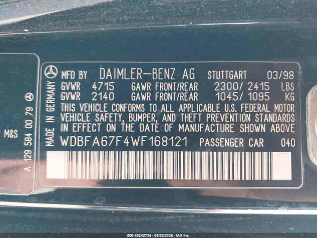 Продажа на аукционе авто 1998 Mercedes-benz Sl 500, vin: WDBFA67F4WF168121, номер лота: 45242734