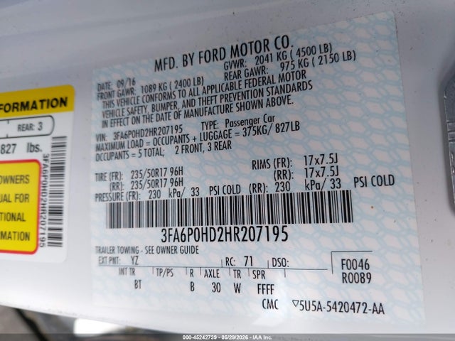 Ford FUSION SE 2017 3FA6P0HD2HR207195 Image 9