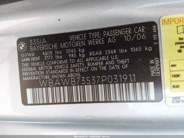 2007 Bmw 335i მანქანა იყიდება აუქციონზე, vin: WBAWB73537P031911, აუქციონის ნომერი: 45242741