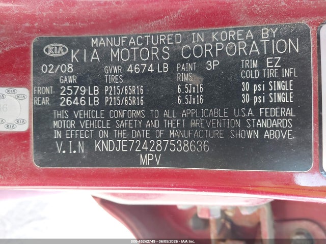 Aukcja sprzedaży 2008 Kia Sportage Lx, vin: KNDJE724287538636, numer aukcji: 45242749