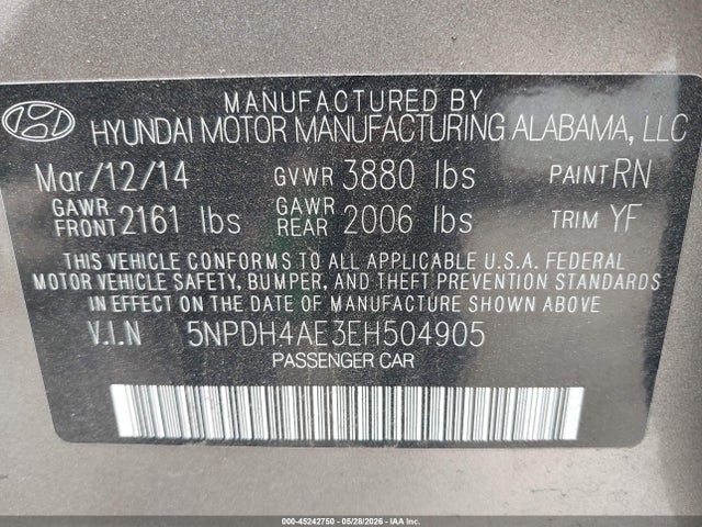 Aukcja sprzedaży 2014 Hyundai Elantra Se, vin: 5NPDH4AE3EH504905, numer aukcji: 45242750