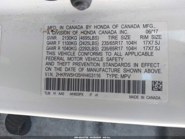 Aukcja sprzedaży 2017 Honda Cr-v Lx, vin: 2HKRW5H35HH403116, numer aukcji: 45242755