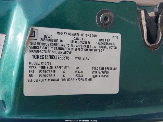 45242763 :رقم المزاد ، 1GKEC13R9XJ736876 vin ، 1999 Gmc Yukon Sle مزاد بيع