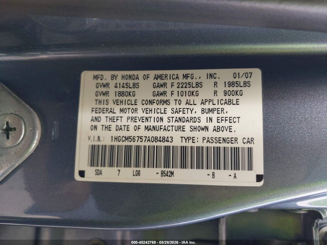 Продажа на аукционе авто 2007 Honda Accord 2.4 Ex, vin: 1HGCM56757A084843, номер лота: 45242769