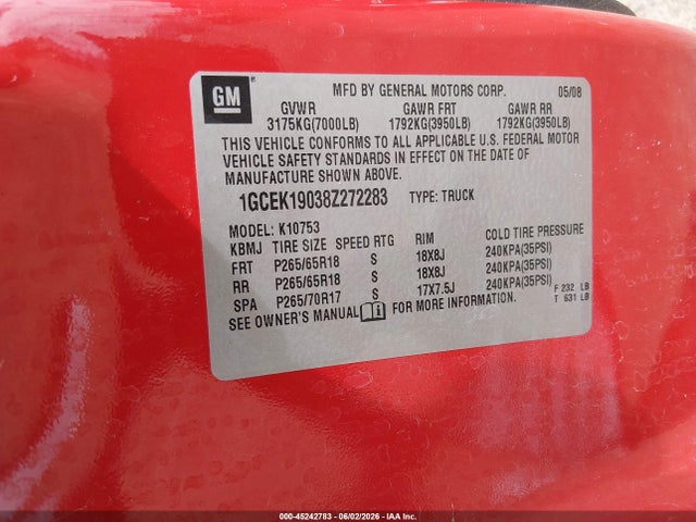 Продаж на аукціоні авто 2008 Chevrolet Silverado 1500 Lt1, vin: 1GCEK19038Z272283, номер лоту: 45242783