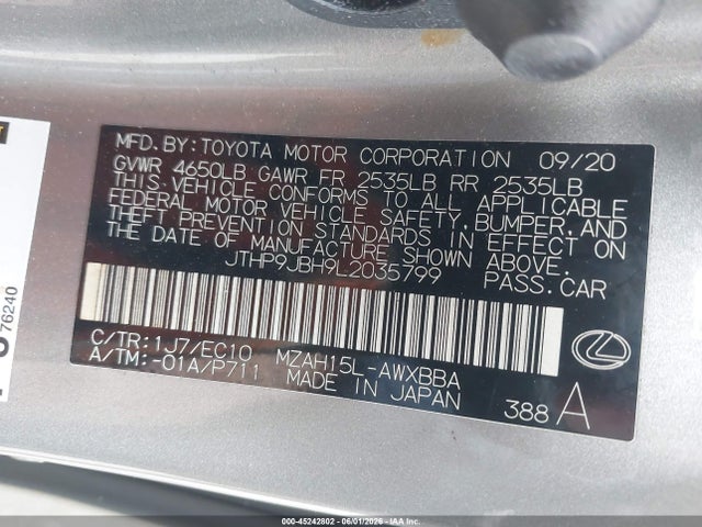 2020 Lexus Ux 250h მანქანა იყიდება აუქციონზე, vin: JTHP9JBH9L2035799, აუქციონის ნომერი: 45242802