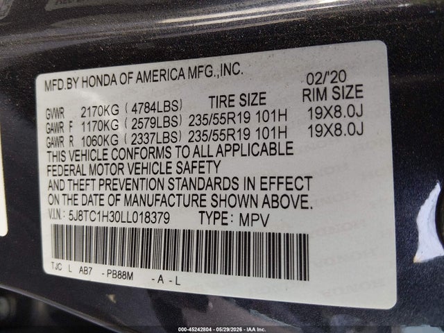 45242804 :رقم المزاد ، 5J8TC1H30LL018379 vin ، 2020 Acura Rdx Standard مزاد بيع