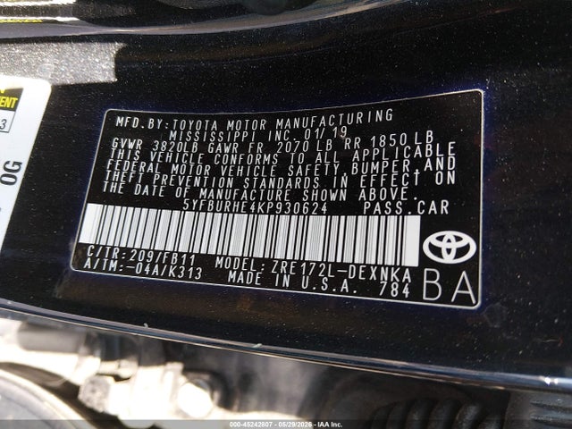 Aukcja sprzedaży 2019 Toyota Corolla Le, vin: 5YFBURHE4KP930624, numer aukcji: 45242807