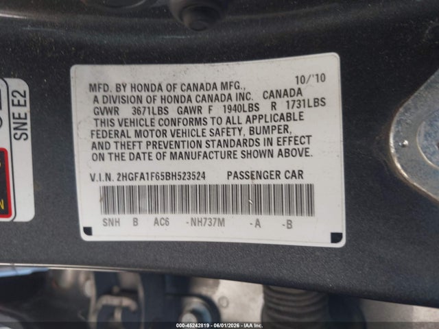 Продажа на аукционе авто 2011 Honda Civic Lx-s, vin: 2HGFA1F65BH523524, номер лота: 45242819