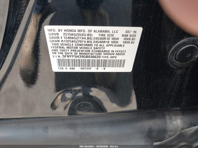 Honda Pilot Ex 2016 5FNYF5H39GB036620 Image 9