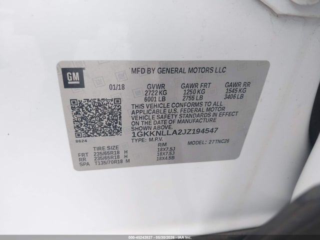 45242827 :رقم المزاد ، 1GKKNLLA2JZ194547 vin ، 2018 Gmc Acadia Sle-2 مزاد بيع