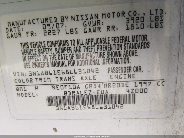 2008 Nissan Sentra 2.0s მანქანა იყიდება აუქციონზე, vin: 3N1AB61E68L631042, აუქციონის ნომერი: 45242828