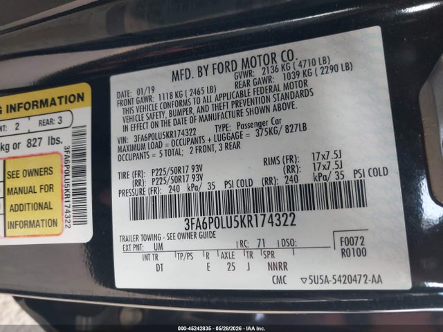 Ford Fusion Hybrid Se 2019 3FA6P0LU5KR174322 Image 9