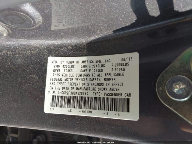 Aukcja sprzedaży 2016 Honda Accord Lx, vin: 1HGCR2F38GA229550, numer aukcji: 45242837