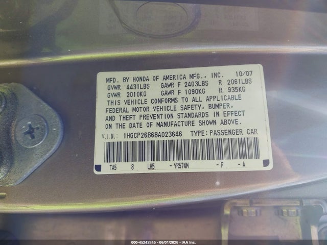 Aukcja sprzedaży 2008 Honda Accord 2.4 Ex-l, vin: 1HGCP26868A023646, numer aukcji: 45242845