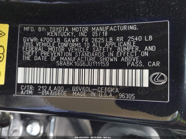 Aukcja sprzedaży 2018 Lexus Es 350, vin: 58ABK1GG6JU111159, numer aukcji: 45242854