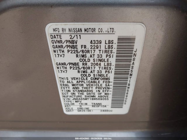 Aukcja sprzedaży 2011 Nissan Rogue Sv, vin: JN8AS5MT1BW569055, numer aukcji: 45242863