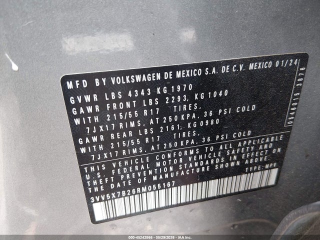 2024 Volkswagen Taos 1.5t S მანქანა იყიდება აუქციონზე, vin: 3VV5X7B26RM055167, აუქციონის ნომერი: 45242866