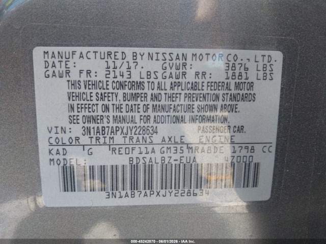 Aukcja sprzedaży 2018 Nissan Sentra S, vin: 3N1AB7APXJY228634, numer aukcji: 45242870