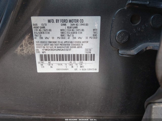 Продажа на аукционе авто 2022 Ford Explorer Xlt, vin: 1FMSK8DH2NGA33237, номер лота: 45242894