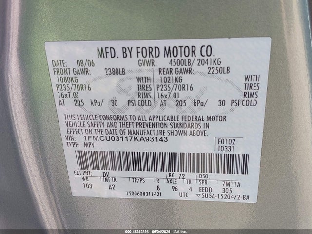 Продаж на аукціоні авто 2007 Ford Escape Xlt/xlt Sport, vin: 1FMCU03117KA93143, номер лоту: 45242898