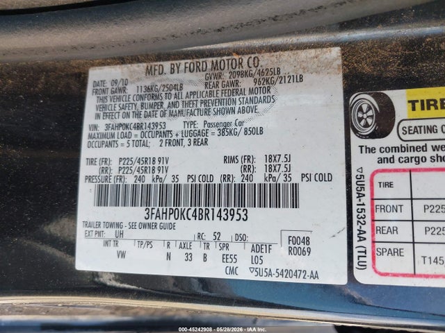 45242908 :رقم المزاد ، 3FAHP0KC4BR143953 vin ، 2011 Ford Fusion Sport مزاد بيع