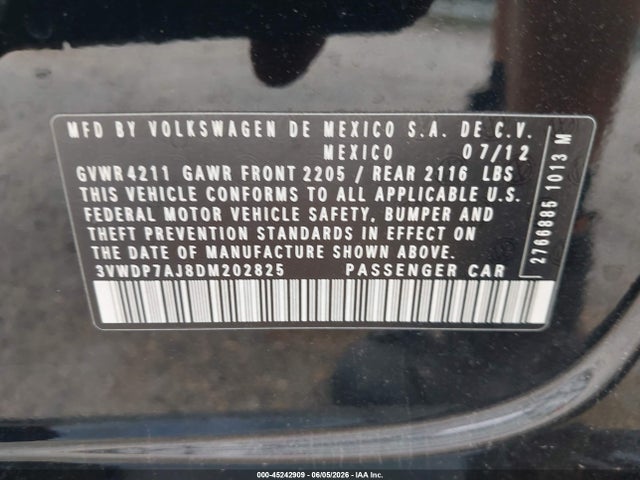 Aukcja sprzedaży 2013 Volkswagen Jetta 2.5l Se, vin: 3VWDP7AJ8DM202825, numer aukcji: 45242909
