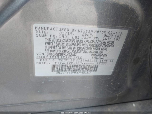 3N1CP5CU9KL492167 Nissan KICKS SV