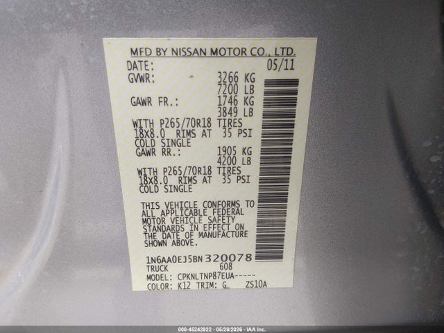 2011 Nissan Titan Sv მანქანა იყიდება აუქციონზე, vin: 1N6AA0EJ5BN320078, აუქციონის ნომერი: 45242922