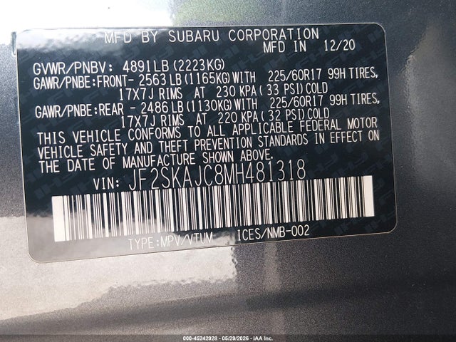 45242928 :رقم المزاد ، JF2SKAJC8MH481318 vin ، 2021 Subaru Forester Premium مزاد بيع