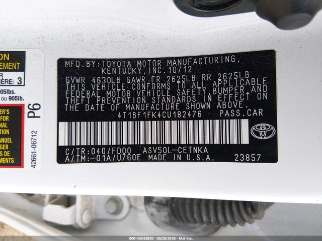 45242930 :رقم المزاد ، 4T1BF1FK4CU182476 vin ، 2012 Toyota Camry Le مزاد بيع