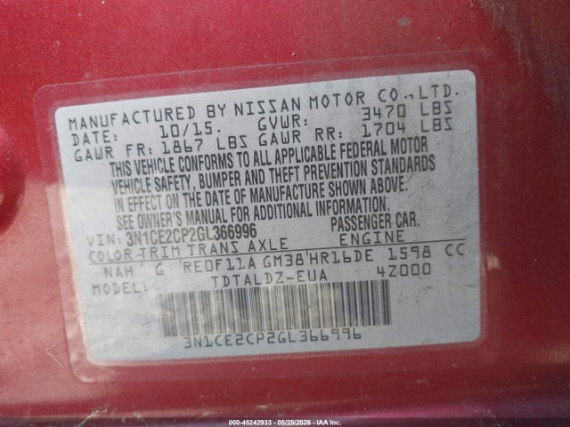 45242933 :رقم المزاد ، 3N1CE2CP2GL366996 vin ، 2016 Nissan Versa Note S (sr)/s Plus/sl/sr/sv مزاد بيع