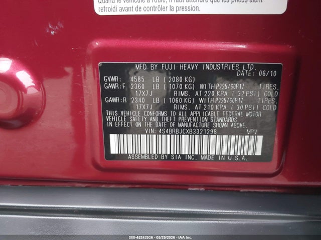 2011 Subaru Outback 2.5i Limited მანქანა იყიდება აუქციონზე, vin: 4S4BRBJCXB3321298, აუქციონის ნომერი: 45242936