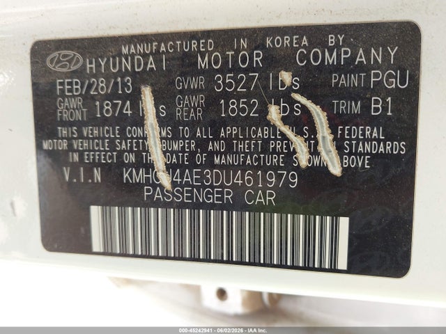 2013 Hyundai Accent Gls მანქანა იყიდება აუქციონზე, vin: KMHCU4AE3DU461979, აუქციონის ნომერი: 45242941