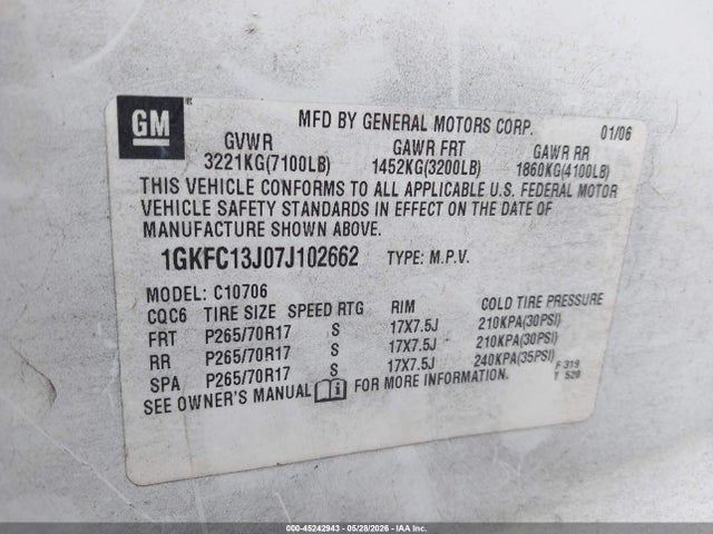 Продажа на аукционе авто 2007 Gmc Yukon Slt, vin: 1GKFC13J07J102662, номер лота: 45242943